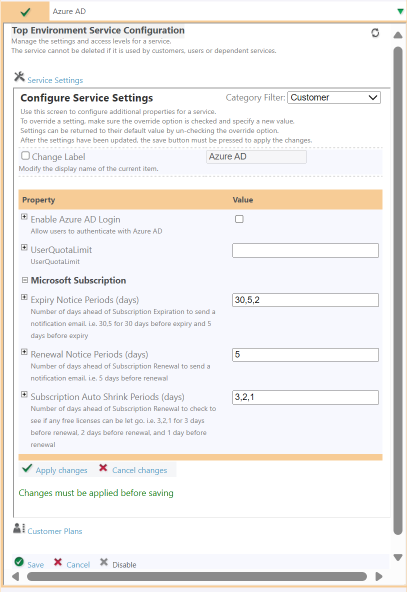 Azure AD Service Settings