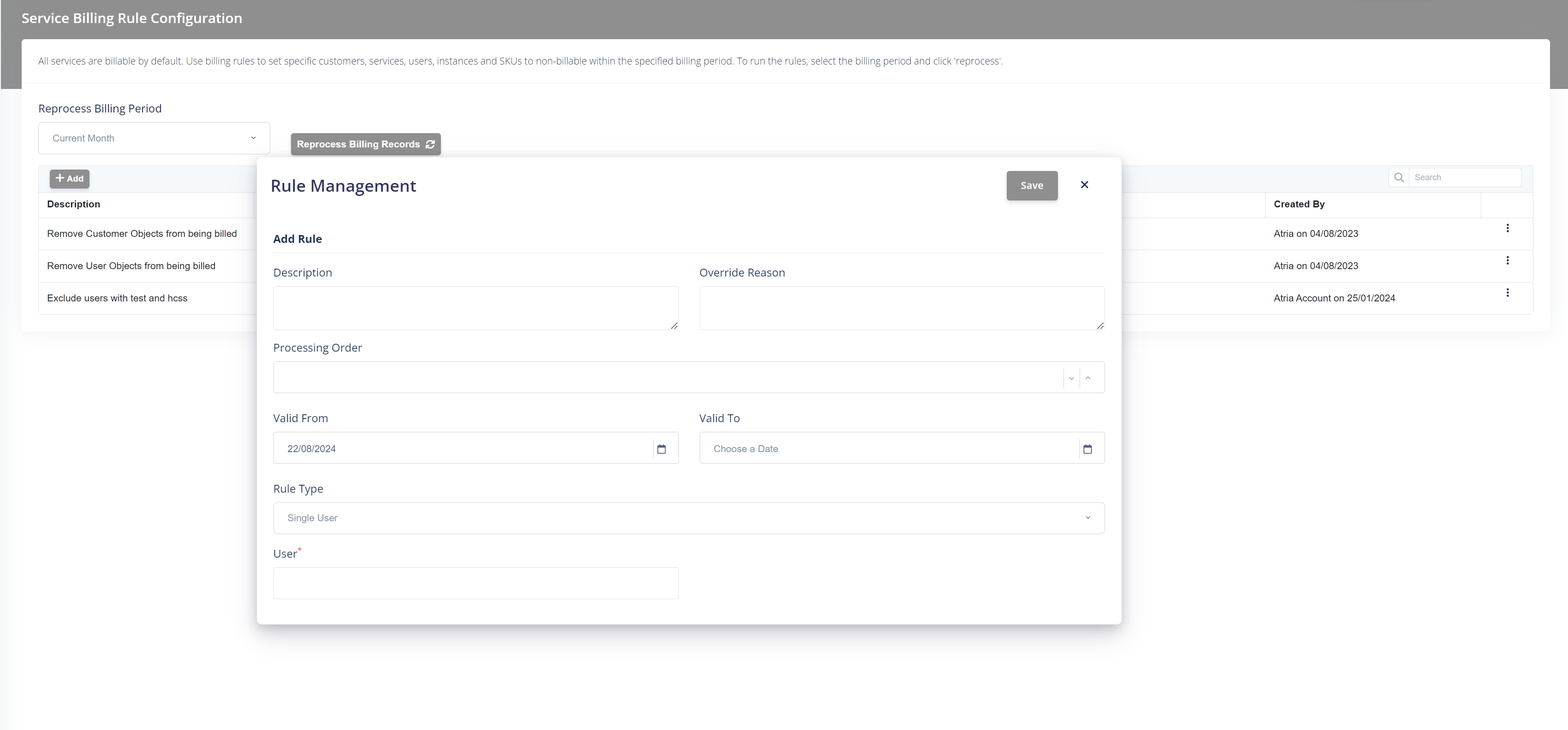 screenshot of adding a billing rule