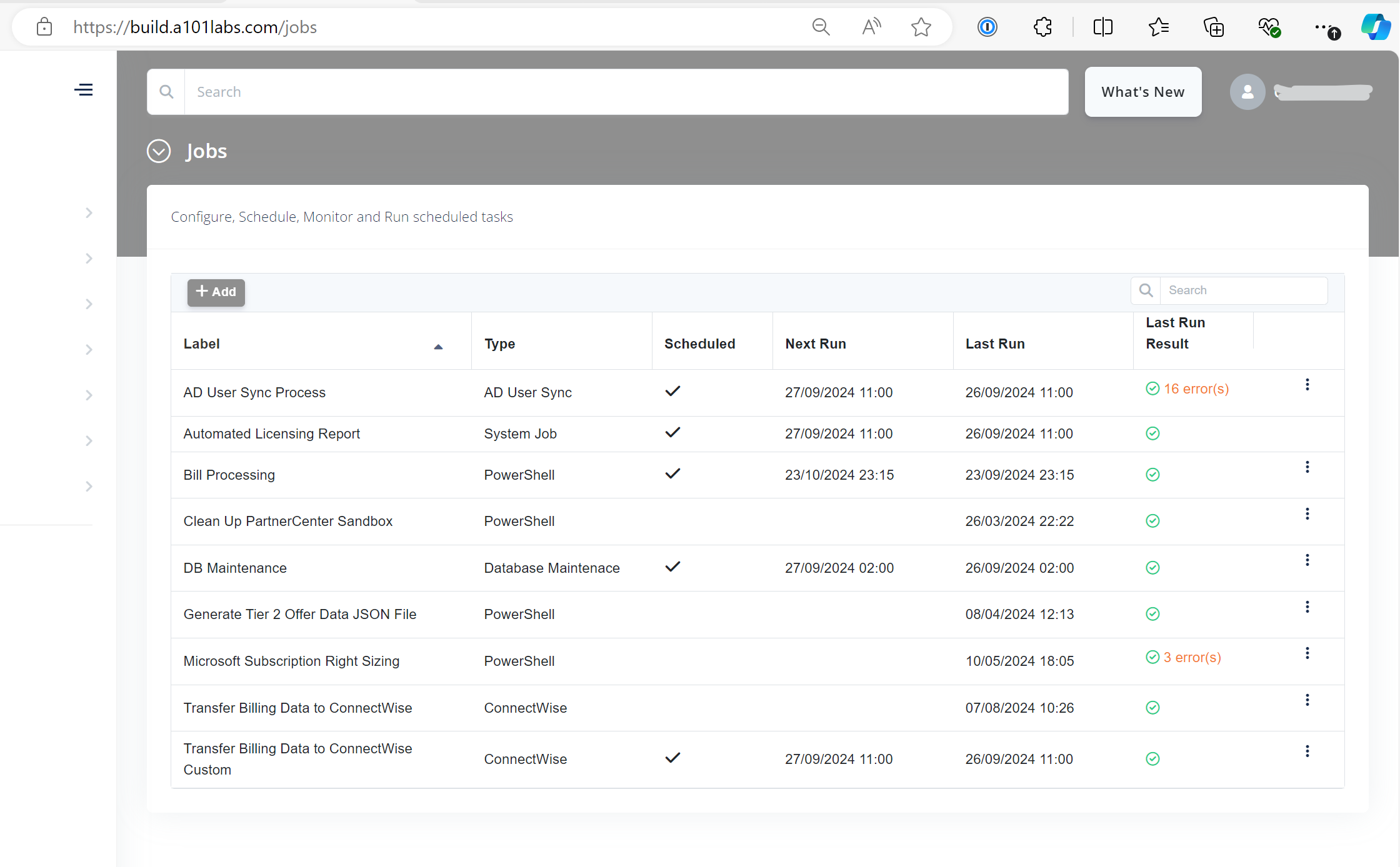 Jobs configured within the Atria System